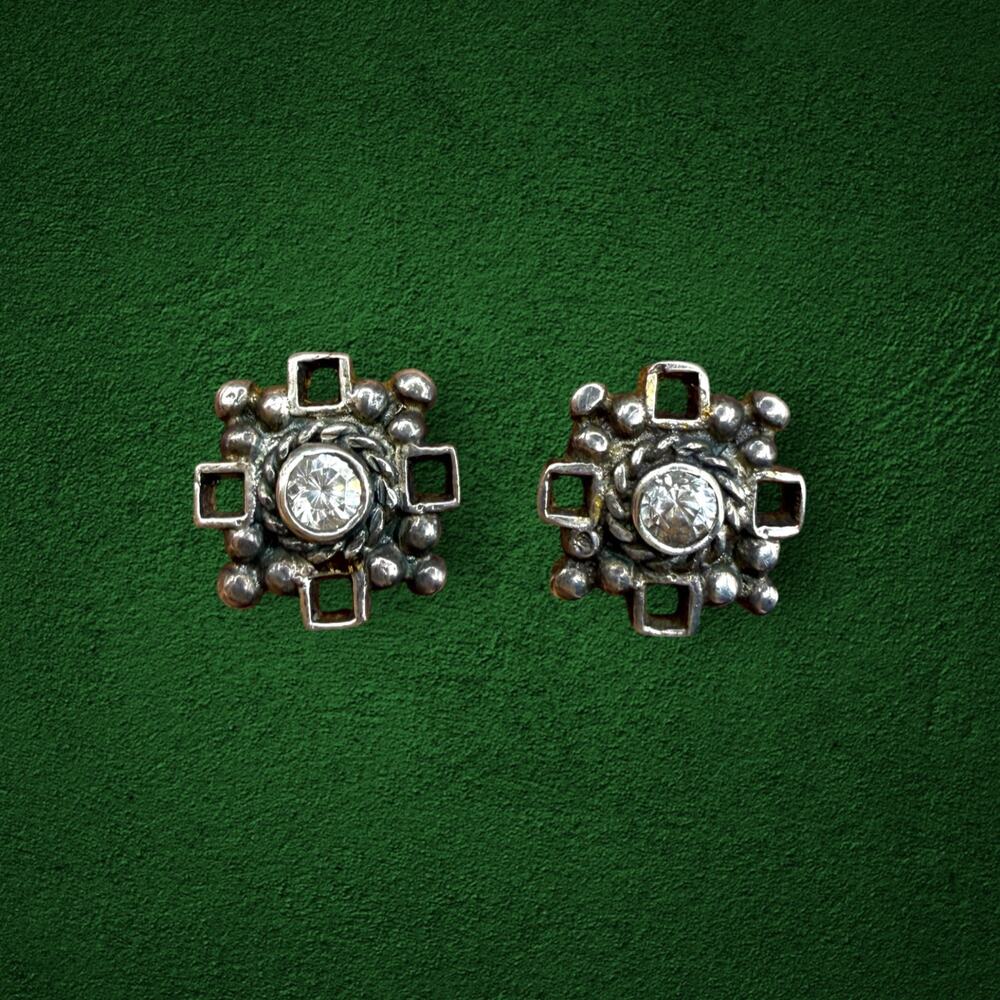 Vintage Sterling Silver 925 Geometric Clear Stone Stud Earrings Ornate